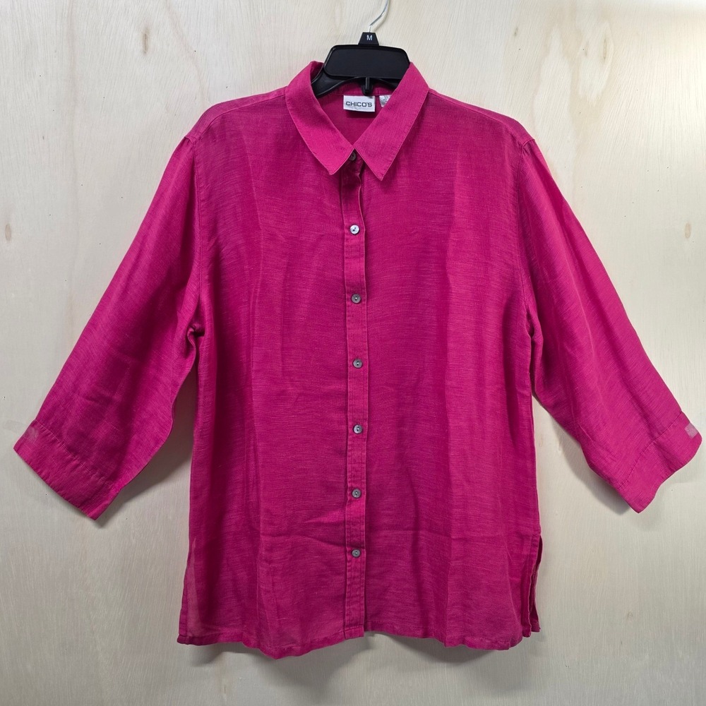 Chico's Magenta Pink Linen Silk Blend Button Down Shirt 3/4 Sleeve Size 2 Large